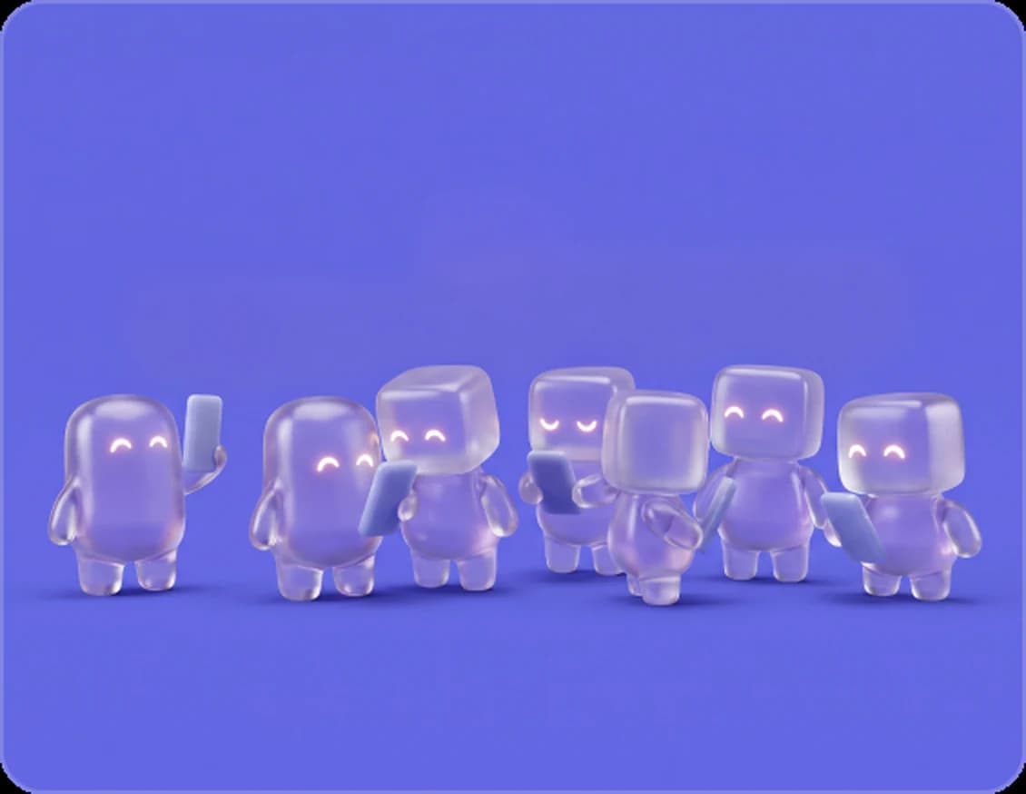 Seven translucent agents holding phones on an indigo field
