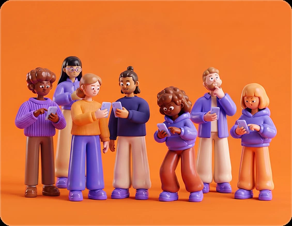 Seven people holding phones on an orange field