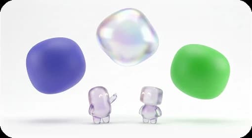 Two translucent agents facing three soft shapes, purple, iridescent and green