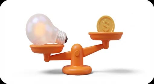 An orange scale with a light bulb on one pan and a coin on the other